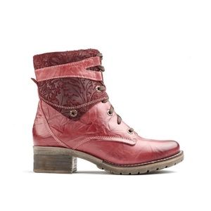 Dromedaris Kara Print Burgundy Leather Lace Up Boots